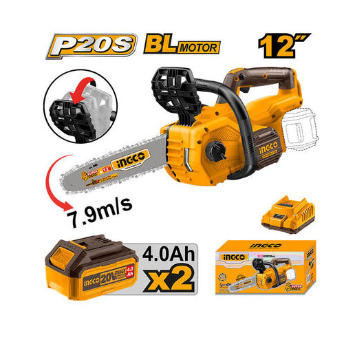 INGCO (CGSLI201286) Motosierra podadora de 20 V + 2 baterías de 4,0 Ah.