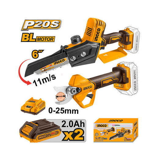 Kit de poda sem fios INGCO (COSLI240306E) 20V 2 em 1 + 2 baterias de 2,0Ah.