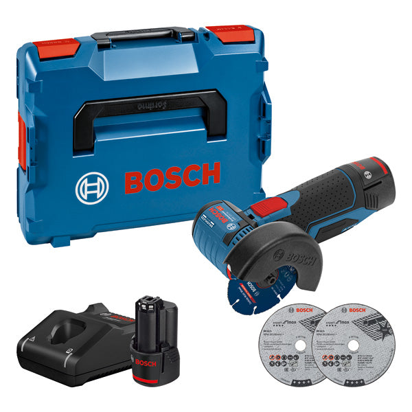 Mini rebarbadora Bosch GWS 12V-76 + 3 discos + 2x3,0Ah