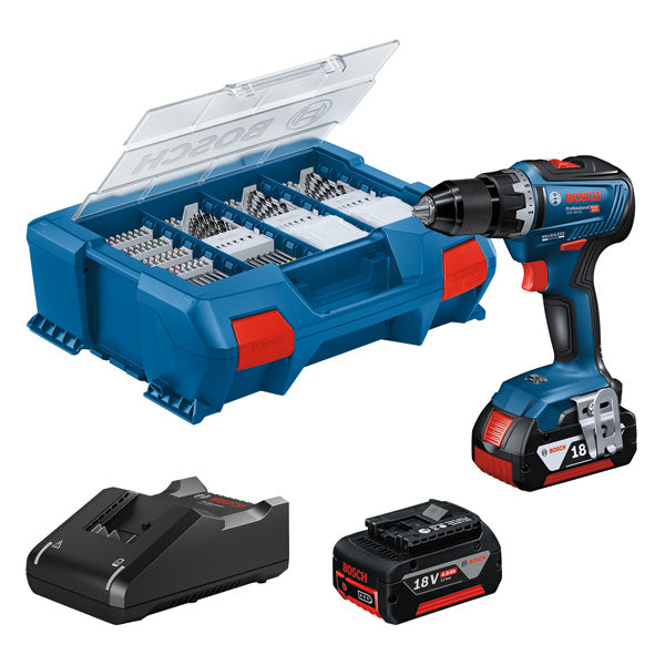 Taladro atornillador Bosch GSR 18V-55 + 2 baterías de 4,0 Ah y 82 accesorios
