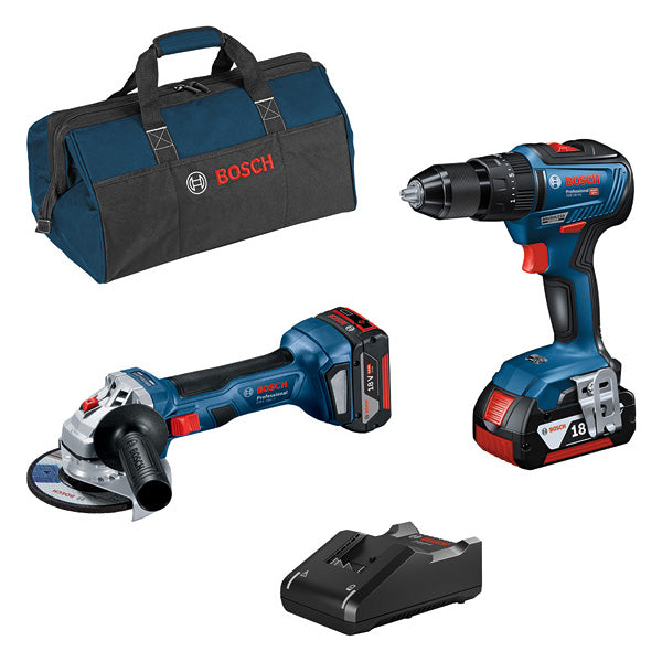 Kit combinado Bosch 18 V - berbequim de impacto GSB + rebarbadora angular GWS + 2 baterias de 4,0 Ah