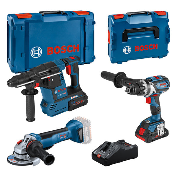Bosch 3-Tool Kit: GBH + GSR + GWS + PC18V 4.0Ah + PC18V 8.0Ah + GAL Professional
