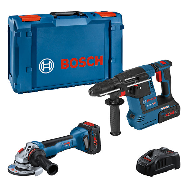 Bosch Kit of 2 18V tools: GWS 18V-10 P + GBH 18V-26 +2x5.5Ah (PC) + GAL 1880CV (XL) Professional