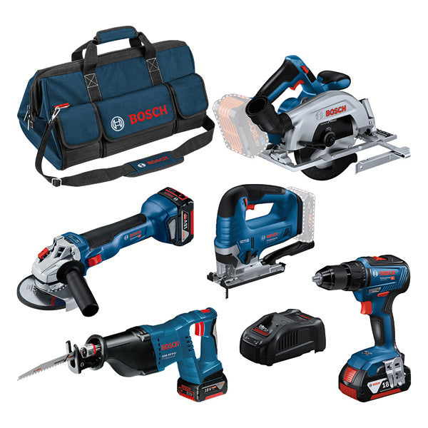 Bosch Kit of 5 18V tools: GSR 18V-55 + GWS 18V-10 + GKS 18V-57-2 + GSA 18V-LI + GST ??18V-125 B + 3x 4.0Ah + GAL 1880CV + bag L (C) Professional