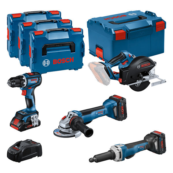 Kit combinado Bosch (Kit de 4 ferramentas 18V: GSR 18V-90C + GWS 18V-15 PSC + GKM 18V-50 + GGS 18V-23 PLC + 1x 4,0Ah (PC) + 2x 5,5Ah (PC) + GAL 1880CV (L) Professional)