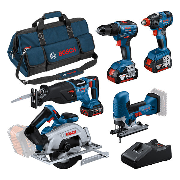 Bosch 5-Tool Kit - GSR 18V-55 + GST 18V-125 S + GKS 18V-57-2 + GSA 18V-28 + GDX 18V-200 + 3x4.0Ah Batteries