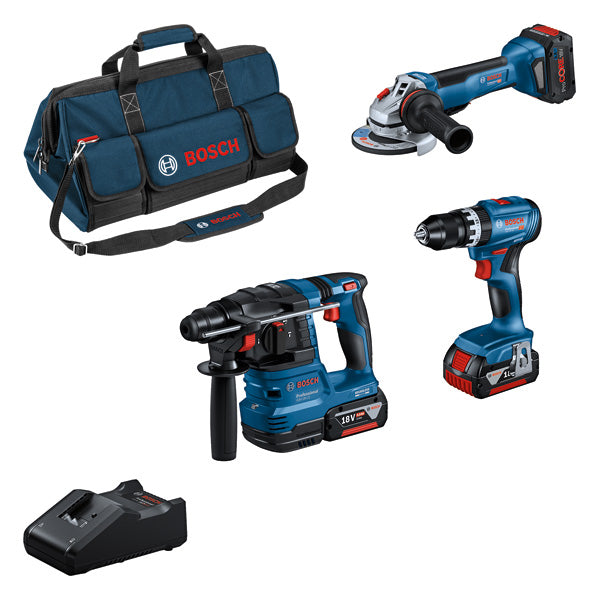 Kit combinado Bosch: taladro GSB 18V-45, amoladora GWS 18V-10 y taladro percutor GBH 18V-22