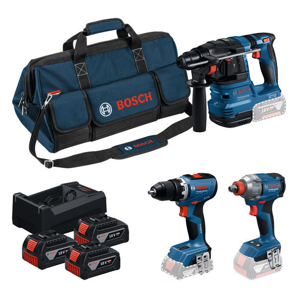 Kit combinado Bosch (kit de herramientas de 3 piezas de 18 V: GSR + GDX + GBH + 3 x 5,0 Ah + GAL 12V/18V-80 Professional)