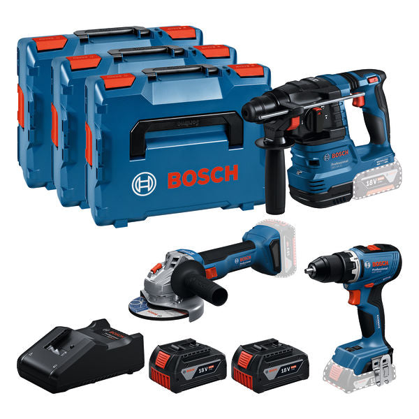 Kit combinado Bosch (kit de herramientas de 3 piezas de 18 V: GSR + GBH + GWS + 2 GBA 5,0 Ah + GAL 18V-40 Professional)