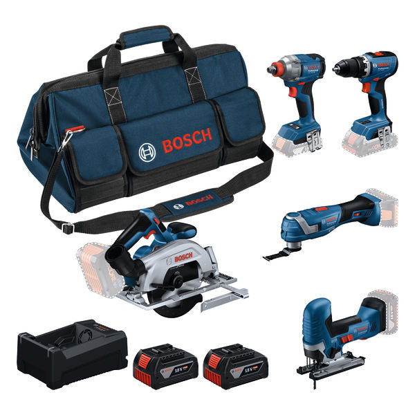 Kit combinado Bosch (Kit de 5 ferramentas de 18 V: GSR 18V-65 + GDX 18V-285 + GKS 18V-57-2 + GOP 18V-34 + GST 18V-125 S + 2x 5.0Ah + GAL 12V-18V-80 Professional)
