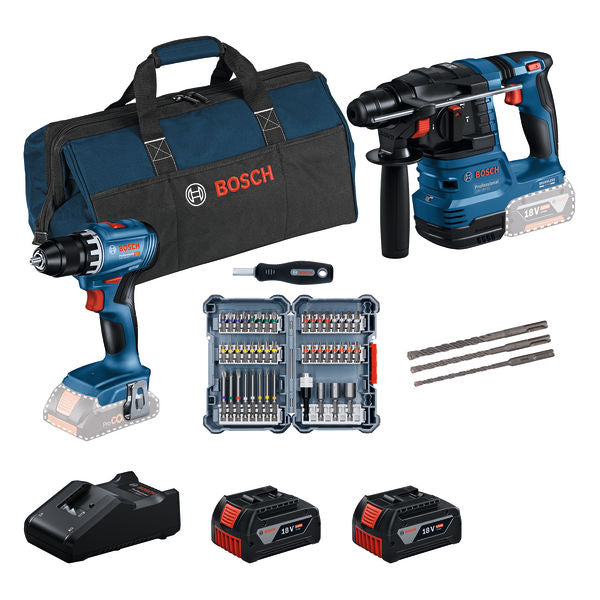 Bosch Combo Kit (BI / BE & MT Blue) (18V 2-tool kit: GSR 18V-45 + GBH 18V-22 + 45-piece screwdriver bit set + 3-piece SDS-plus-5 hammer drill bit set + 2 x GBA 18V 4.0Ah + GAL 18V-40 all in Professional cardboard box)