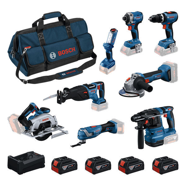 Kit combinado Bosch (Kit de 8 herramientas de 18 V: GSB + GDR + GBH + GWS + GKS + GSA + GOP + GLI + 4x GBA 18 V 5,0 Ah + GAL Professional)