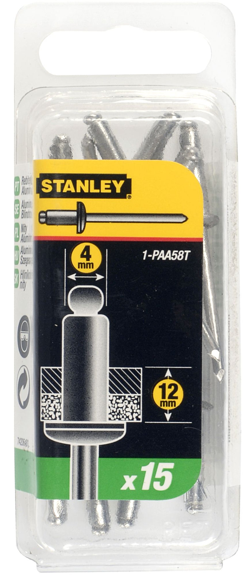 Rebites de alumínio Stanley (1-PAA58T) 4 mm x 12 mm (embalagem de 15)