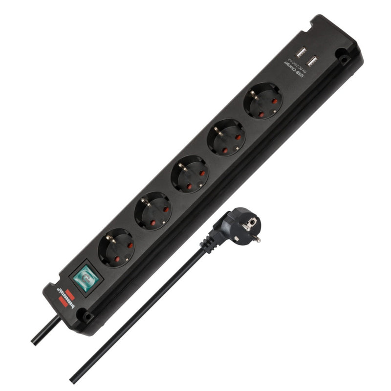 Extensión Brennenstuhl Bremounta con cargador USB de 5 vías, negra, 3 m, H05VV-F 3G1.5
