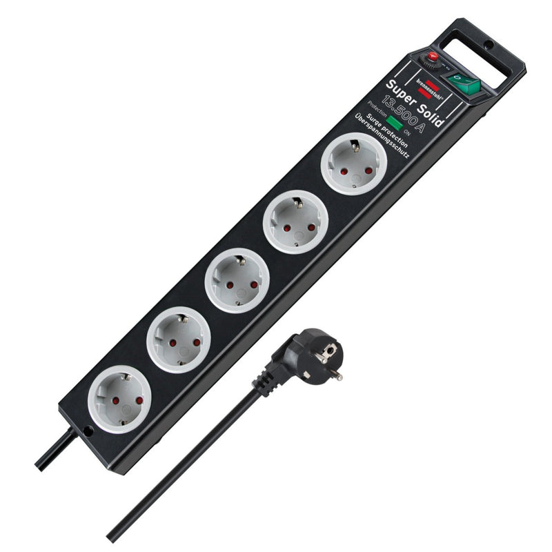 Cable alargador Brennenstuhl Super-Solid con protección contra sobretensiones, 13 500 A, 5 tomas, negro (2,5 m)