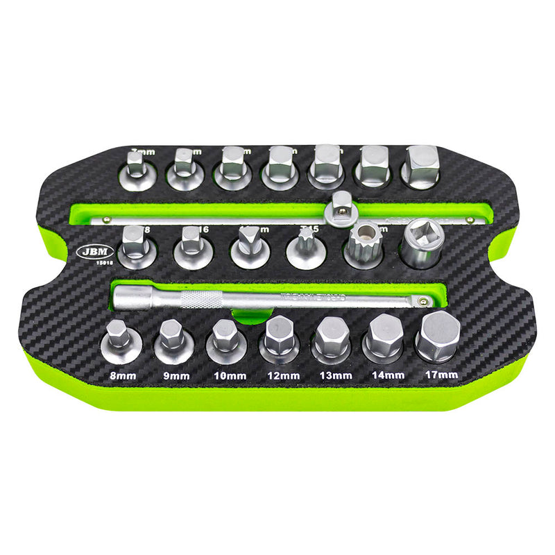 JBM (15018) Conjunto de 22 Tomadas para Bujão de Drenagem de Óleo em Tabuleiro Eva