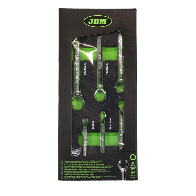 Juego de 6 llaves para tuercas abocinadas JBM (15157) con acabado en fibra de carbono y bandeja de EVA con acabado espejo.