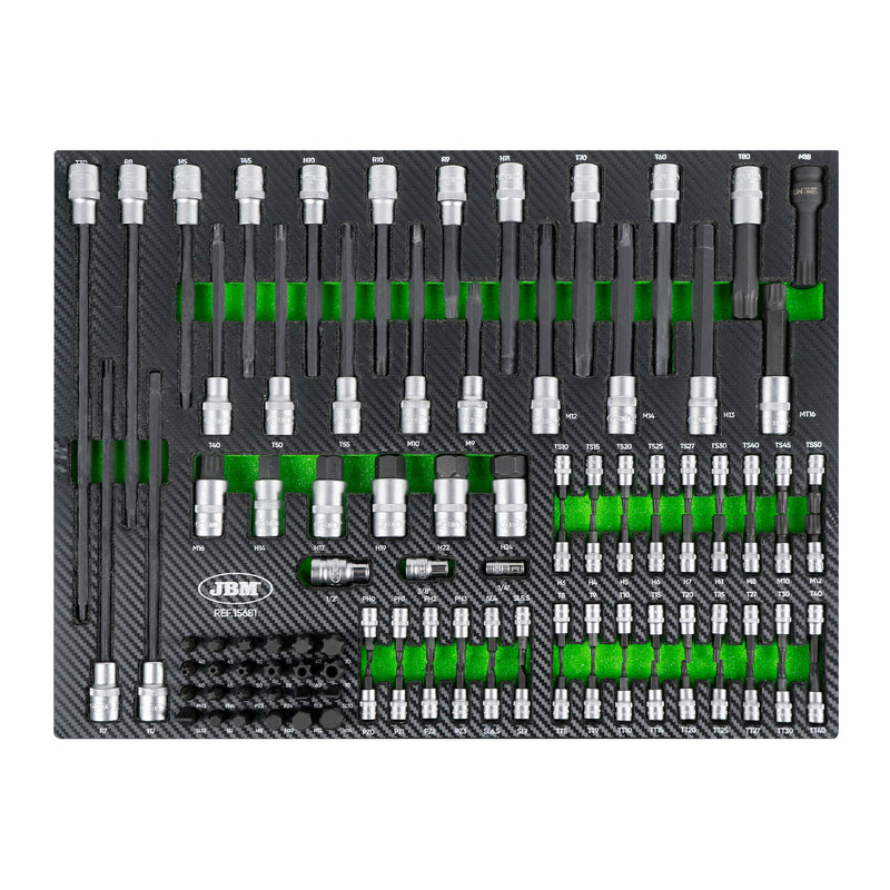 Juego de 104 piezas de vasos y puntas JBM (15681) con acabado en fibra de carbono y bandeja de EVA