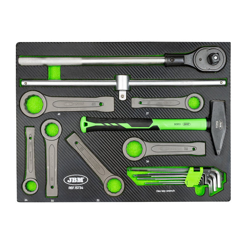 Martillo, mango de carraca y llave inglesa JBM (15734) en bandeja de EVA