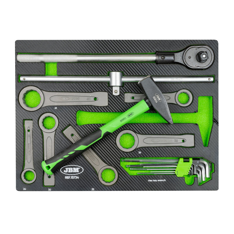 Martillo, mango de carraca y llave inglesa JBM (15734) en bandeja de EVA