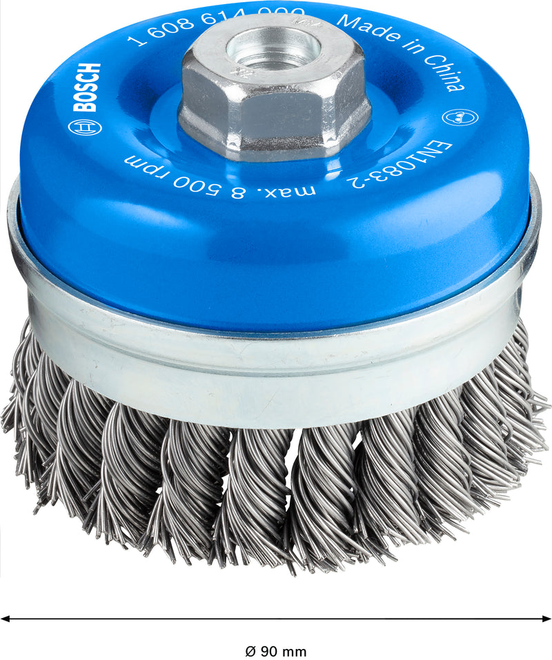 Escova tipo copo Bosch M14 90 mm, com nós, aço de 0,8 mm