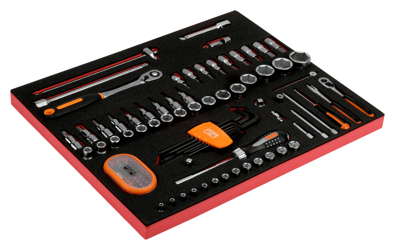 Bahco (FF1A051) Juego de llaves de carraca de 1/2" y 1/4", vasos y puntas Fit&amp;Go de 3/3 en inserto de espuma marcado con láser - 104 piezas