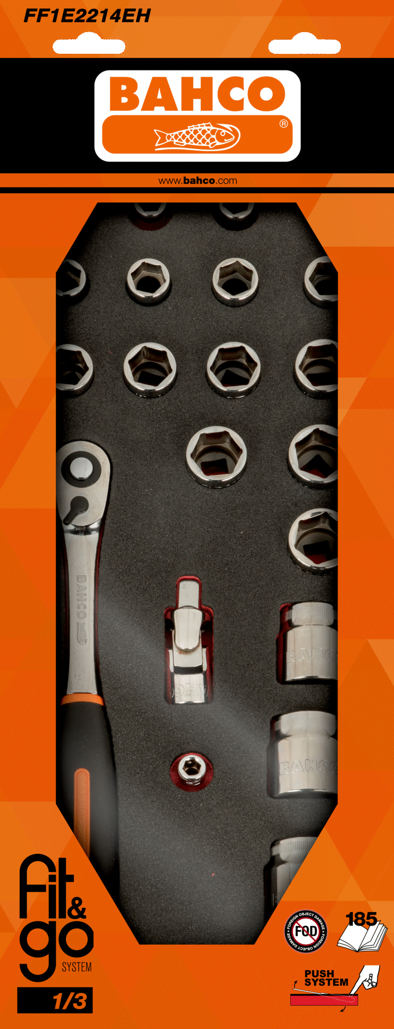 Juego de llaves de vaso Bahco (FF1E2214EH) de 1/2" con inserto de espuma Fit&amp;Go de 1/3" - 21 piezas por paquete