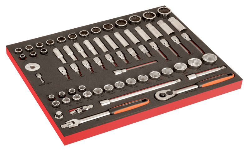 Bahco (FF1A196LM) Juego de llaves de vaso de 1/2" y de 1/2" de largo con inserto de espuma marcado con láser, 3/3 Fit&amp;Go - 67 piezas