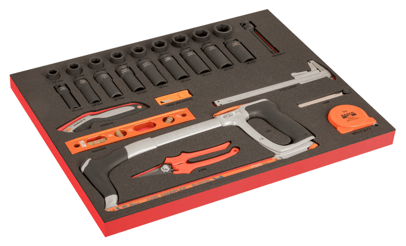 Bahco (FF1A197LM) Juego de llaves de vaso de impacto de 1/2" con inserto de espuma de 3/3" Fit&amp;Go marcado con láser para cortar y medir - 36 piezas