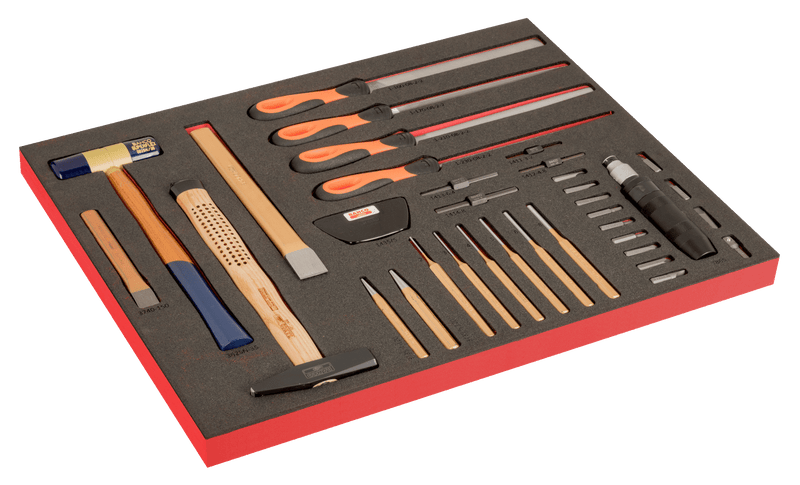 Bahco (FF1A204LM) Conjunto de formões com martelos e limas em espuma com marcação a laser 3/3 Fit&amp;Go - 40 peças