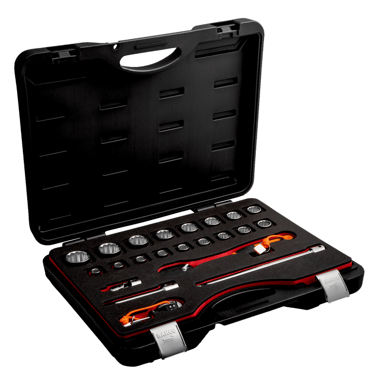 Bahco (TAH16BM/22) Juego de vasos con cuadrado de 1/2" con perfil hexagonal métrico y carraca de cabeza de pera - 22 piezas para trabajos en altura