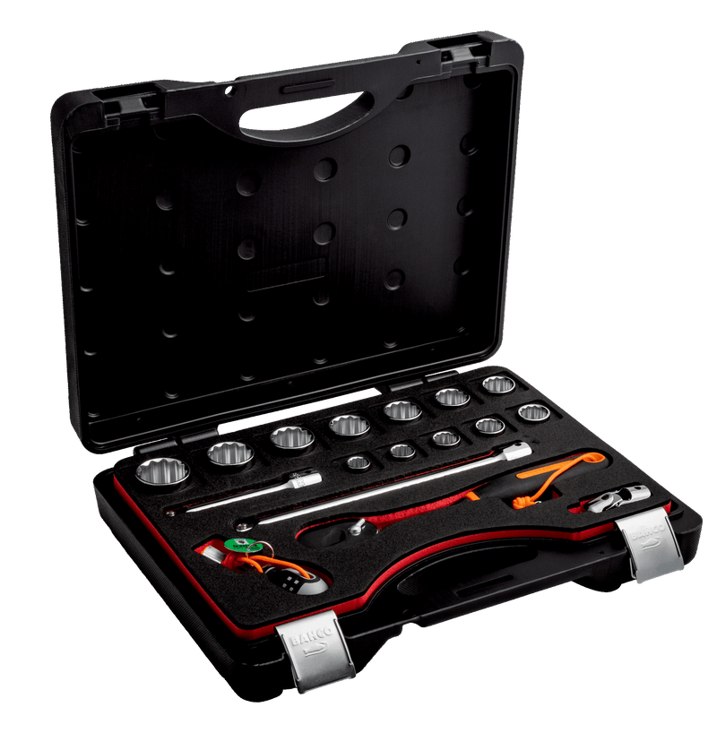 Bahco (TAH16BZ/17) Juego de vasos cuadrados de 1/2" con perfil hexagonal imperial y carraca de cabeza de pera - 17 piezas para trabajos en altura