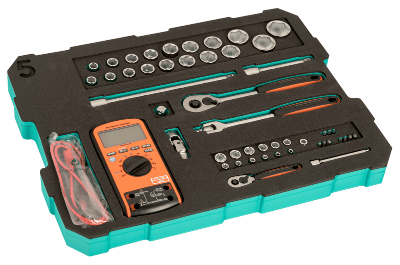 Bahco (FF2C01) Conjunto de chaves de caixa de 1/4" e 1/2" e multímetro em inserção de espuma para estojo rígido de alta resistência 4750RCHDW01 - 51 peças