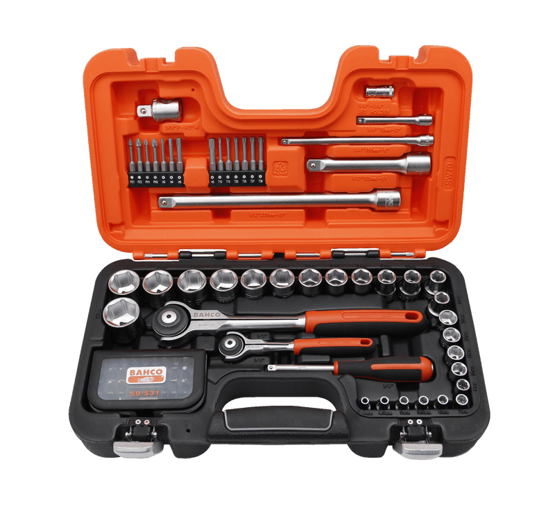 Bahco (SW79) 1/4" and 1/2" square drive socket set with metric hexagonal profile and rotating head ratchet - 79 pieces