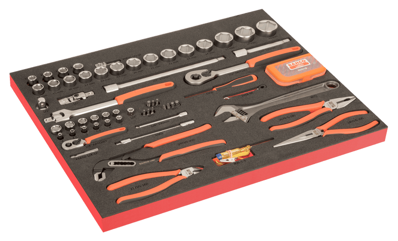 Bahco (FF1A214LM) Conjunto de chaves de caixa de 1/4" e 1/2", alicates e brocas em inserção de espuma marcada a laser 3/3 Fit&amp;Go - 91 peças