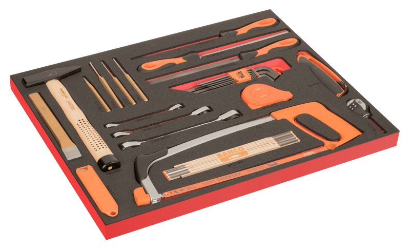 Bahco (FF1A216LM) 3/3 Fit&Go Laser Marked Foam Insert Hammer, Cutting Tools, Files, and L-Wrench Set - 36 Pieces
