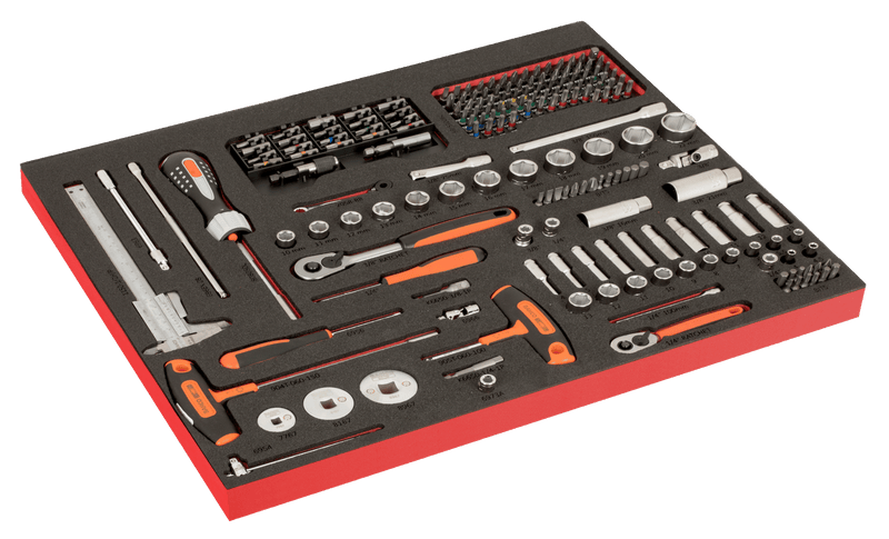 Bahco (FF1A207LM) Juego de vasos de 1/4" y 3/8", destornilladores con mango en T, galga de espesores y puntas de inserción de espuma marcadas con láser 3/3 Fit&amp;Go - 192 piezas