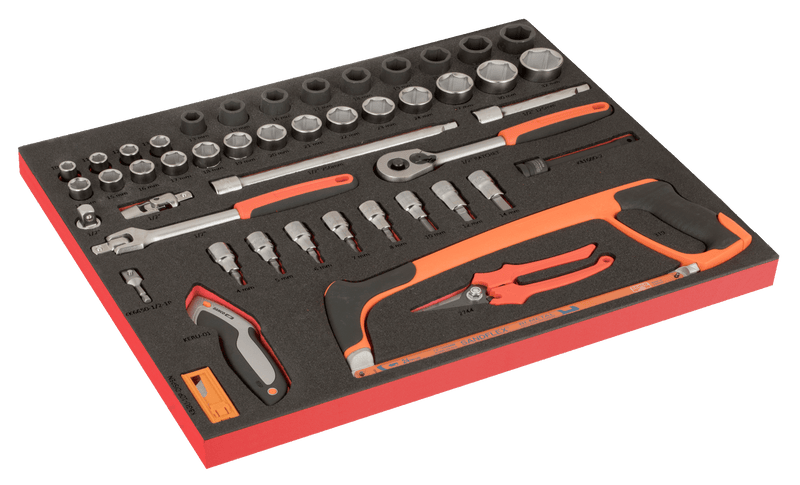 Bahco (FF1A208LM) Juego de llaves de vaso de 1/2" y de impacto de 1/2" con inserto de espuma marcado con láser, 3/3 Fit&amp;Go - 56 piezas