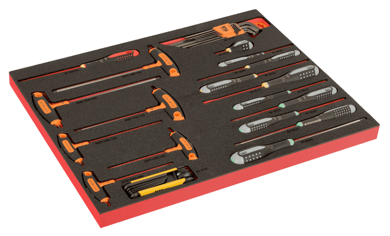 Bahco (FF1A211LM) Conjunto de chaves de fendas em L, chaves de fendas com cabo em T e chaves de fendas ERGO em inserção de espuma marcada a laser 3/3 Fit&amp;Go - 35 peças