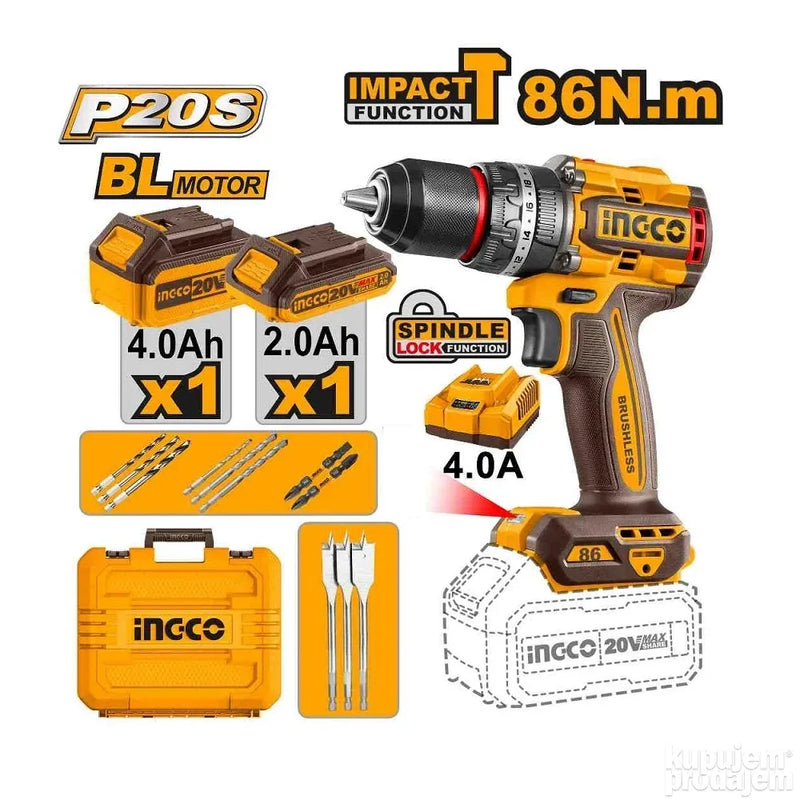 Berbequim de impacto compacto INGCO (CIDLI20868E) 86Nm 20V + bateria de 2,0Ah e 4,0Ah.
