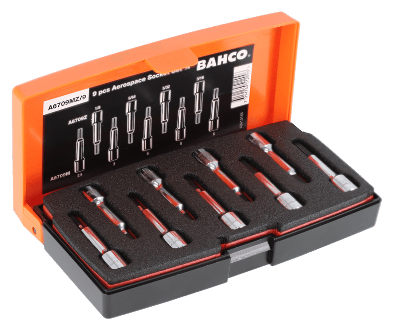 Bahco (A6709MZ/9) Juego de vasos profundos de 1/4" para tornillos de cabeza hexagonal en pulgadas y métricos - 9 piezas/estuche