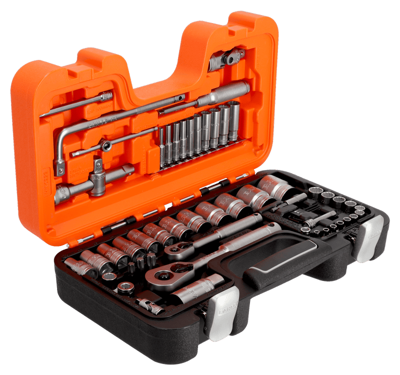 Bahco (S560MH) 1/4" and 1/2" Square Drive Socket Wrench Set with Bi-Hex Metric Profile and Metal Handle Ratchet - 56 Pieces