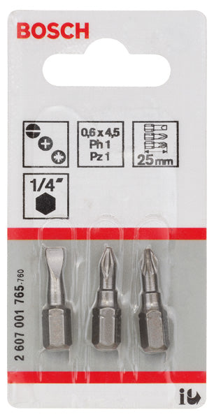 Bosch Set of 3 extra-hard (mixed) screwdriver bits. S 0.6x4.5; PH1; PZ1; 25 mm