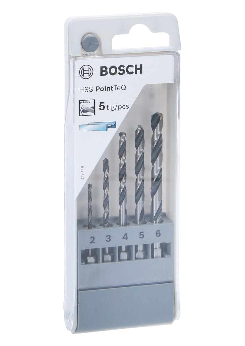 Conjunto de brocas sextavadas Bosch HSS PointTeQ de 5 peças em exposição de bancada de 2 a 6 mm