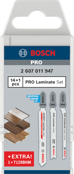 Hojas de sierra de calar y de sable, surtido de accesorios Bosch (juego de laminados PRO, 15 uds. T101BIF (x10); T101AOF (x4); T128BHM (x1).)