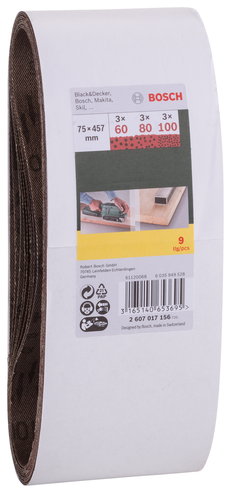 Bosch Set of 9 sanding belts, 75 x 457 mm, grit 60, 80, 100