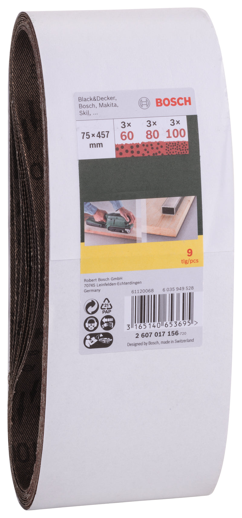 Bosch Set of 9 sanding belts, 75 x 457 mm, grit 60, 80, 100