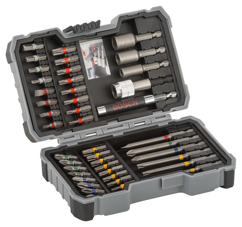 Pontas aparafusadoras, conjuntos Bosch Accessories (Conjunto de chaves de caixa e pontas, 43 unidades, pontas de aparafusar Extra Hard, PH, PZ, T, SL, H, suporte universal Quick Change e suporte magnético universal)