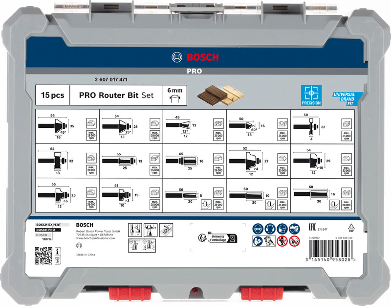 Bosch PRO Router Bit Mixed Set, Shank 6 mm, 15