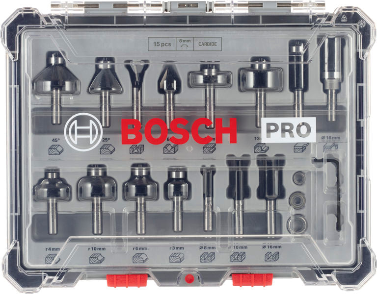 Bosch PRO Router Bit Mixed Set, Shank 8mm, 15